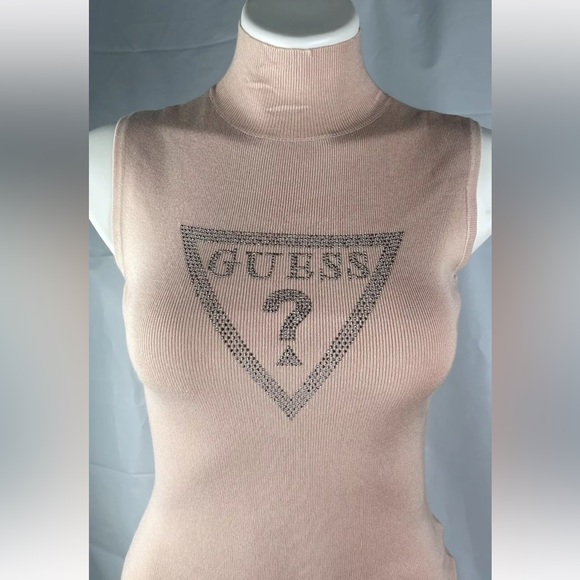 NEW GUESS Ebony Turtle Neck Sweater Tank Sparkle Logo Sleeveless Soft Pink Sz M - Picture 2 of 5